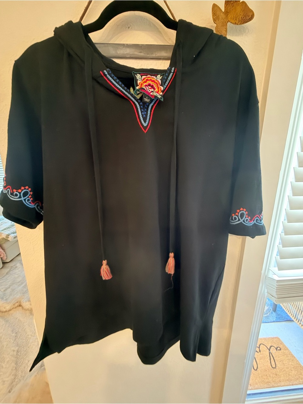 Johnny Was Black Hooded Top with Colorful Embroidery
